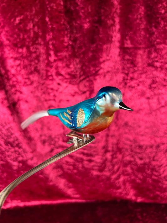 Vintage Christmas - Glass Clip-On Ornament - Blue Bird with Nylon Hair Tail