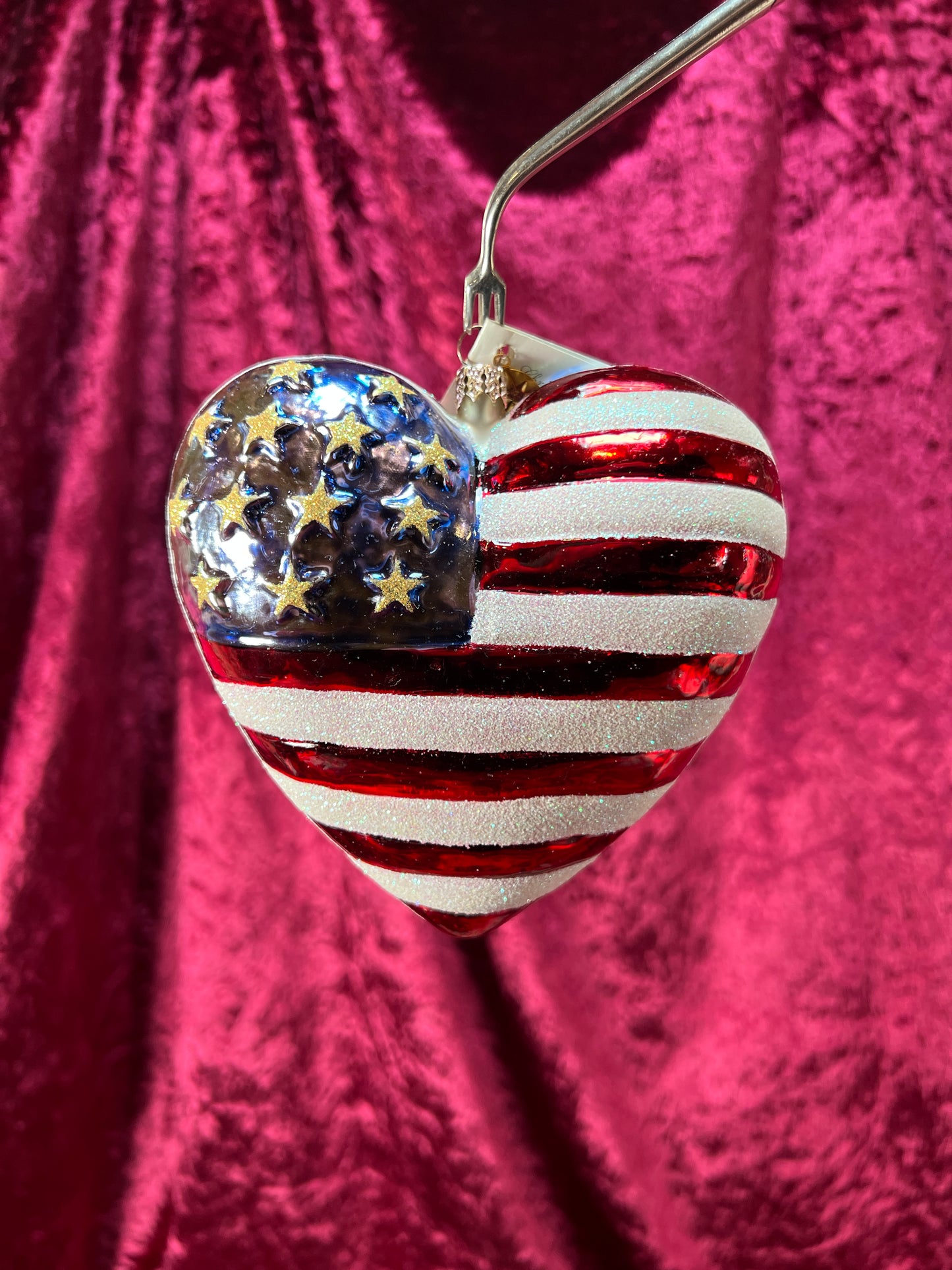 Vintage Christmas - Handblown Glass Ornament - American Flag Heart - Radko / American Red Cross