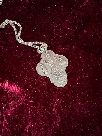 Vintage Silver Plated Religious Medal Pendant - Mother Mary and The Holy Trinity Cross