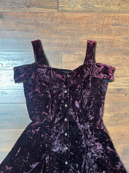 Vintage Clothing - Skater Dress - Off Shoulder - Purple Velvet - Medium - Rampage