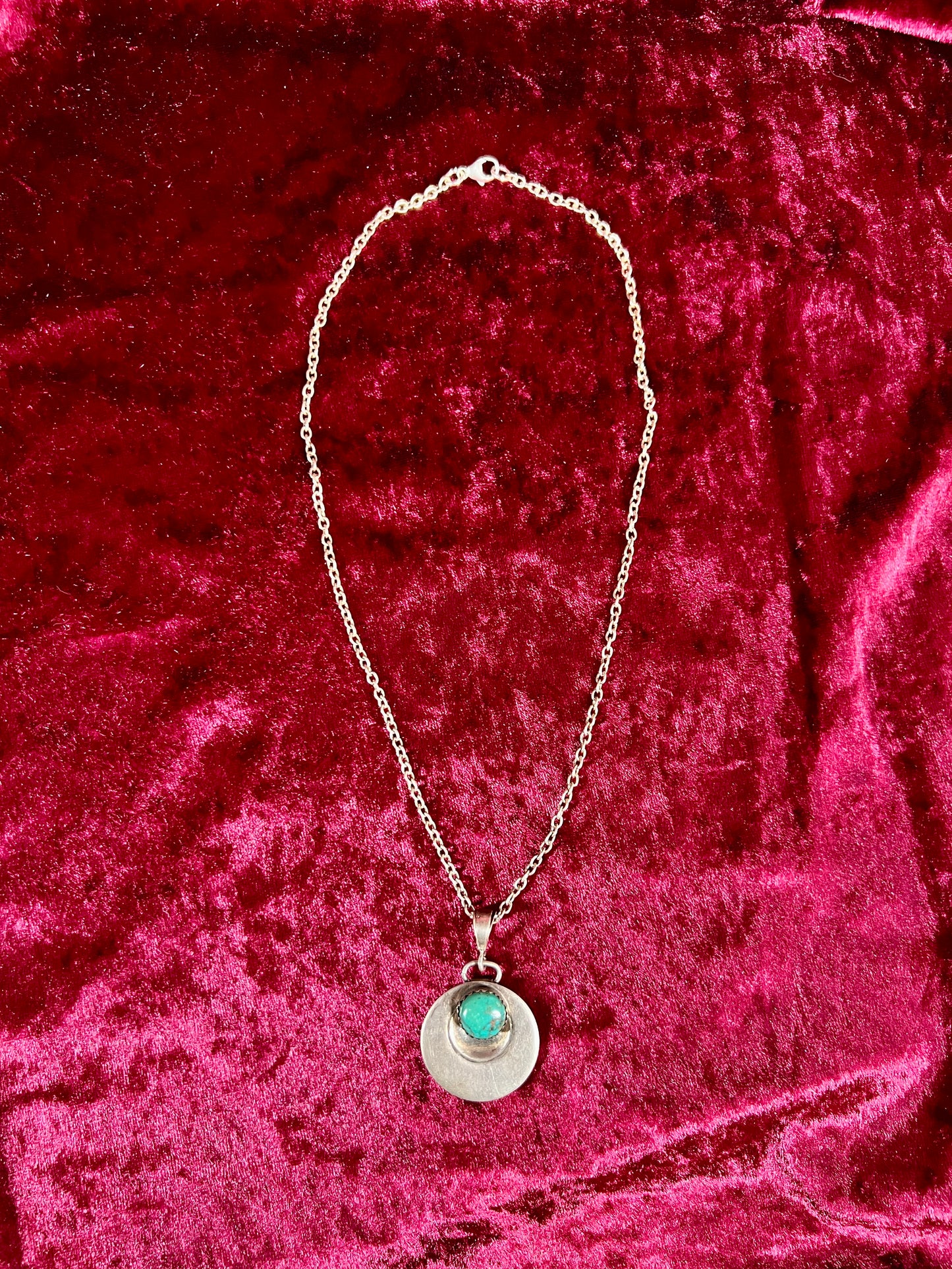 Vintage Jewelry - Necklace - 925 Silver Turquoise Saucer Pendant - 18”