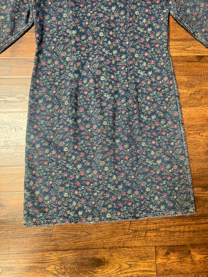 Vintage Clothing - Jacket - Blue Floral Denim Button Up Jacquard Long Shirt Dress - The Territory Ahead - Size 12