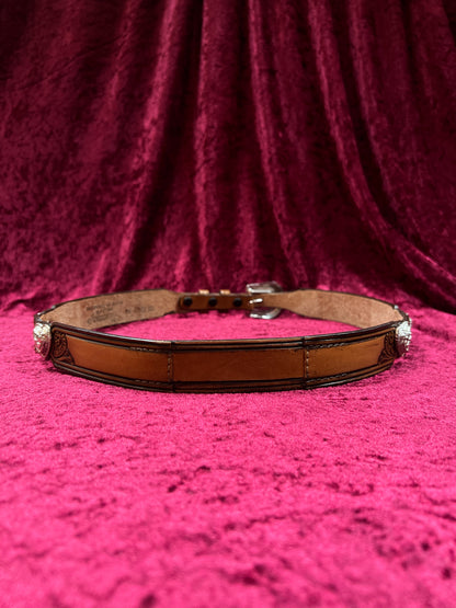 Vintage Nocona Leather Western Belt - Tooled Heart Cutout Silver Concho Belt USA Made - 34-37.75"