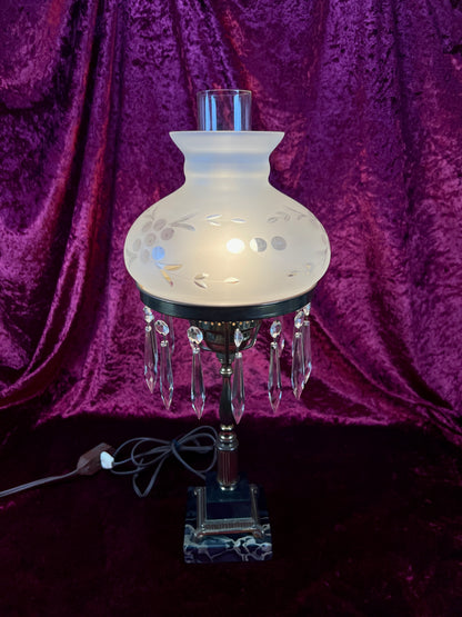 Antique Marble and Brass Sinumbra Style Hurricane Lamp – Frosted Glass Shade with Crystal Prisms