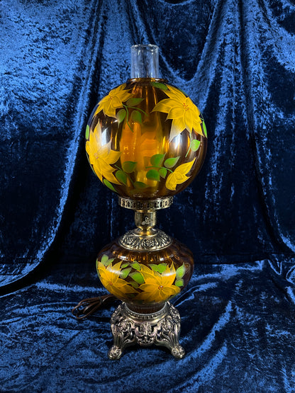 Vintage Amber Glass Parlor Lamp – Hand Painted Yellow Flowers Double Globe Hurricane Style
