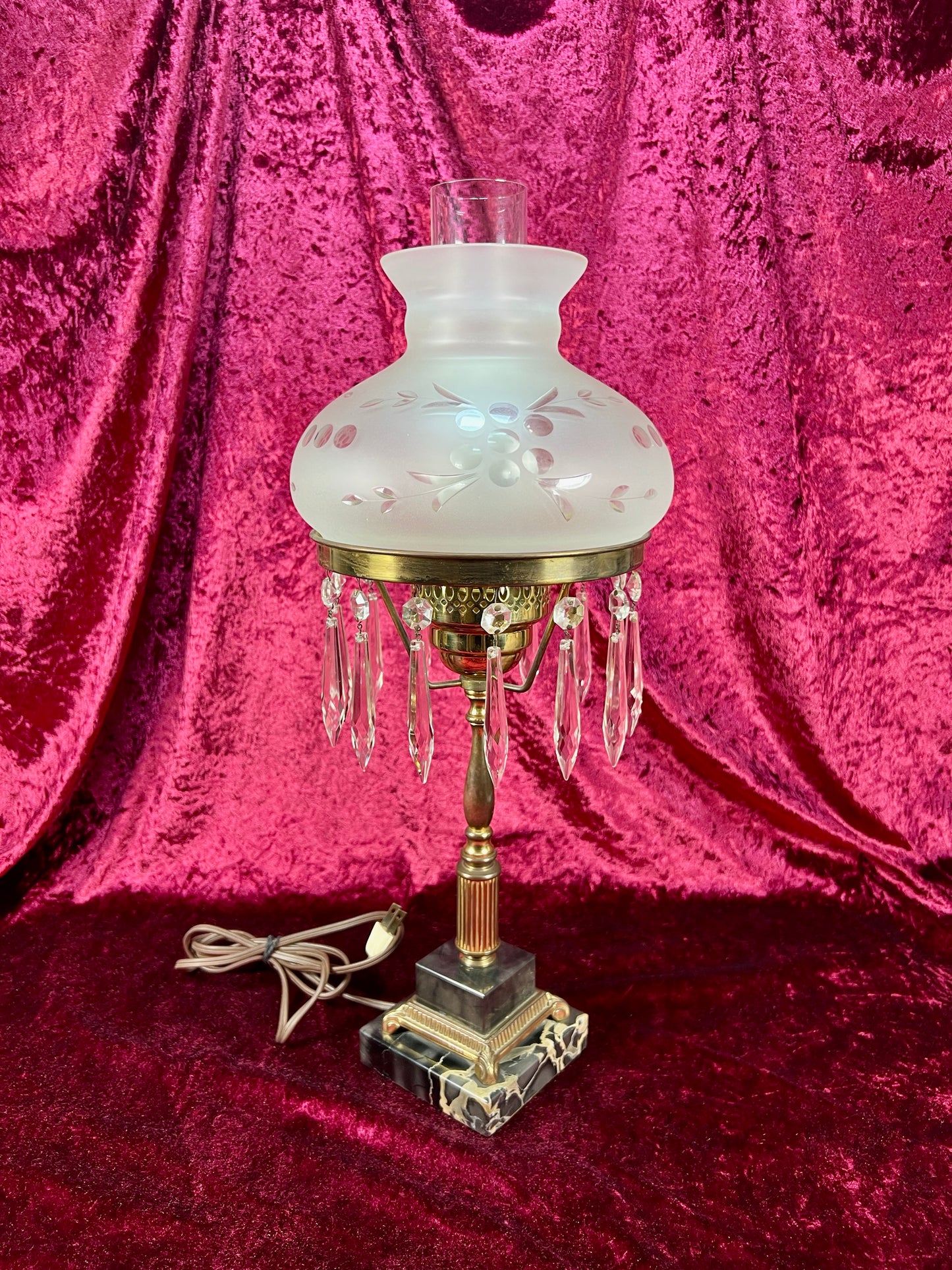 Antique Marble and Brass Sinumbra Style Hurricane Lamp – Frosted Glass Shade with Crystal Prisms