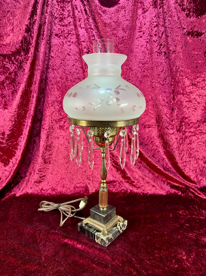 Antique Marble and Brass Sinumbra Style Hurricane Lamp – Frosted Glass Shade with Crystal Prisms