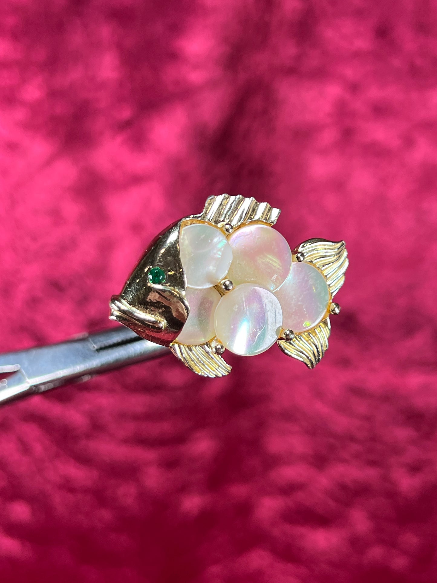 Vintage Jewelry - Brooch - Gold Tone Fish - Green Rhinestone Eye - Mother of Pearl Scales