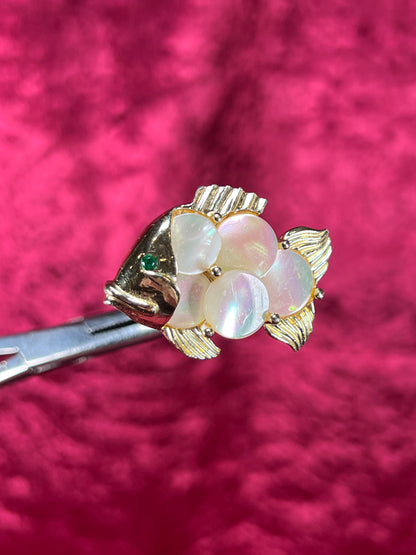 Vintage Jewelry - Brooch - Gold Tone Fish - Green Rhinestone Eye - Mother of Pearl Scales
