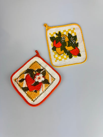 Vintage Groovy Kitchen Pot Holders - Orange and Yellow Fruit - Pair of 2