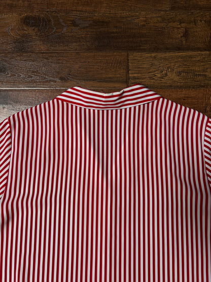 Vintage Liz Baker Petite Polyester Blouse – Red & White Striped Button Up – Large