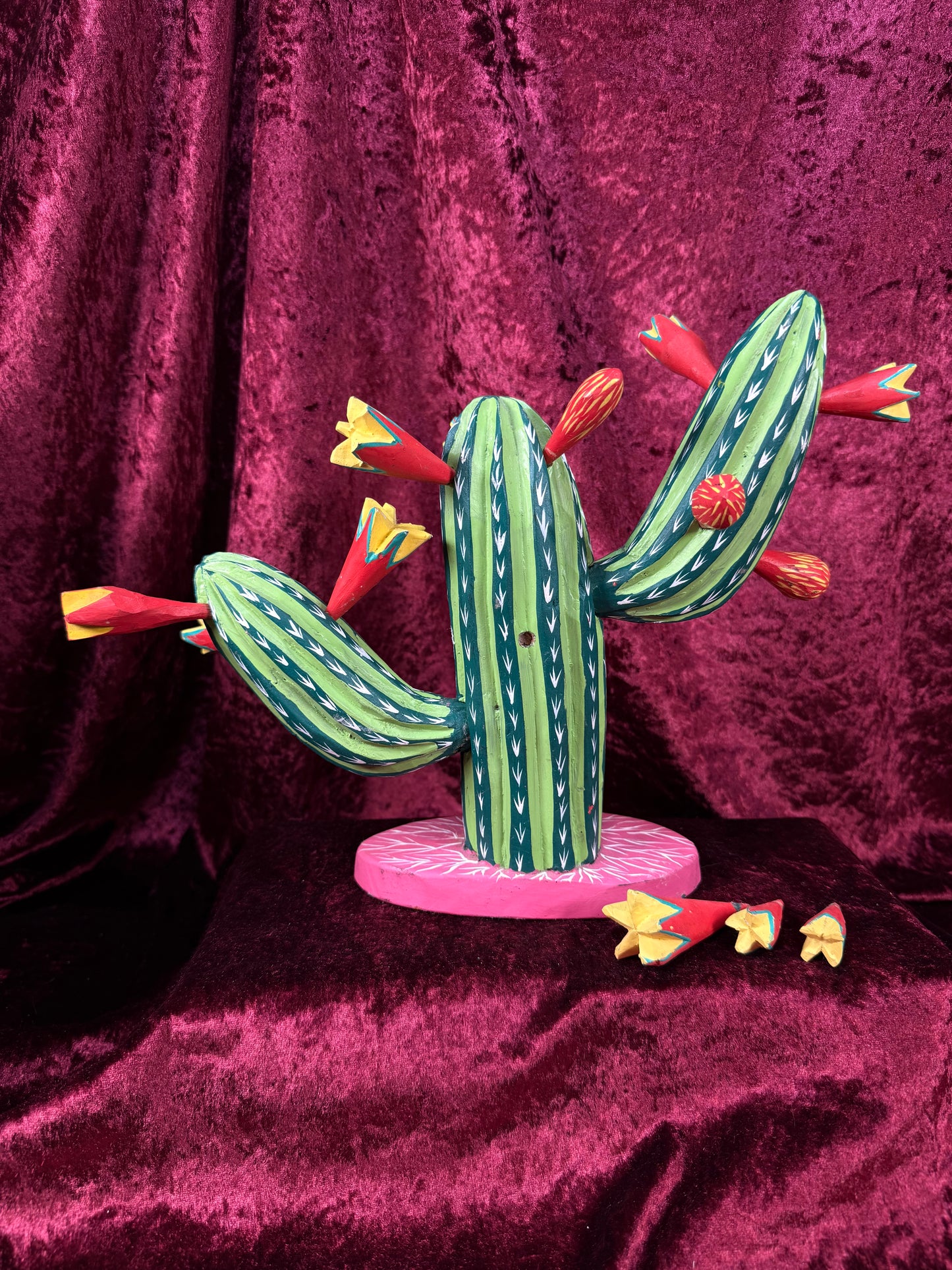 Vintage Wood Alebrije Flowering Saguaro Cactus – Hand Painted Mexican Folk Art - Ignacio Ojeda