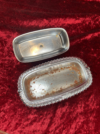 Vintage Kitchen - Covered Butter Dish - Silver Metal with Glass Insert - Ornate Edging