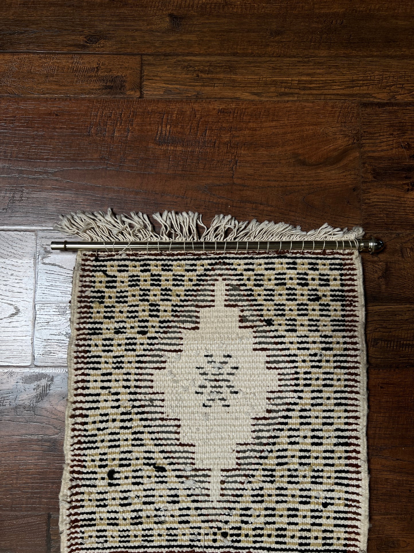 Vintage Wool Wall Hanging Crewel – Geometric Double Panel Tapestry with Fringe