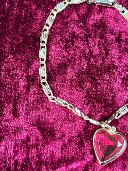 Vintage Jewelry - Bracelet - Gold Tone Metal - Pink Heart Pendant - Germany
