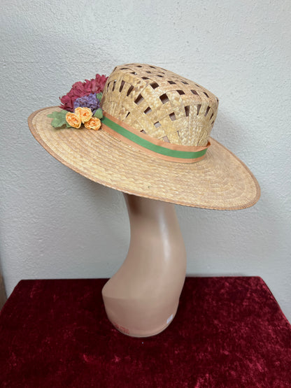Vintage Accessories - Straw Sun Hat - Faux Flowers on Ribbon - Medium - The Hat Factory