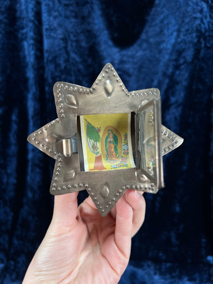 Vintage Mexican Metal Shrine – Our Lady of Guadalupe Star Shadow Box
