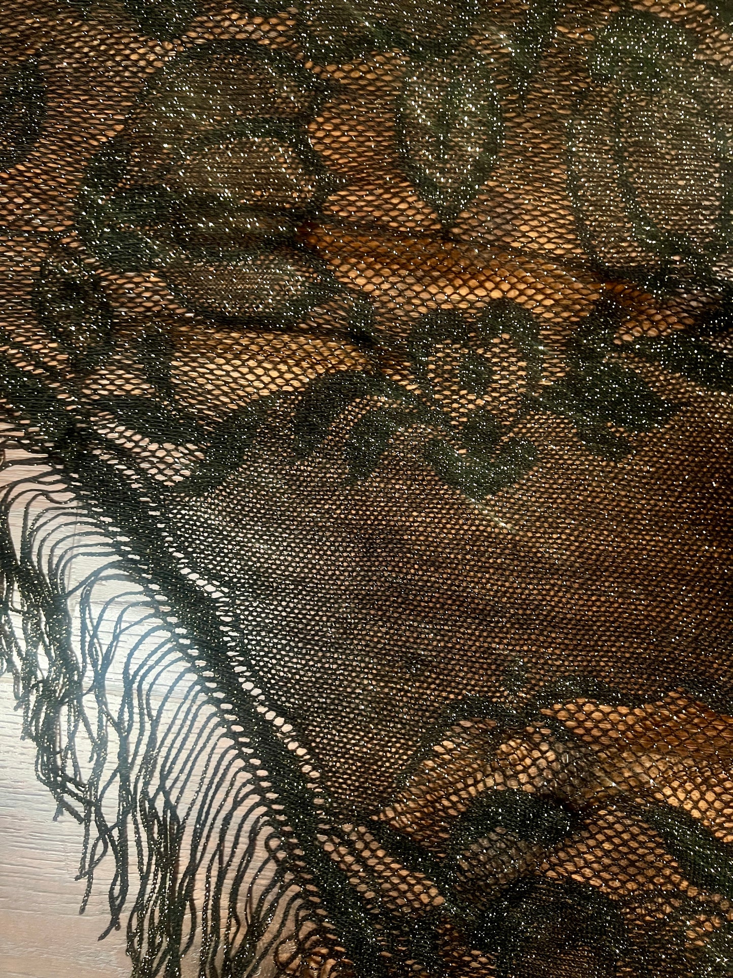 Vintage Metallic Net Shawl - Black Gold Floral Lace Fringe Triangle Wrap