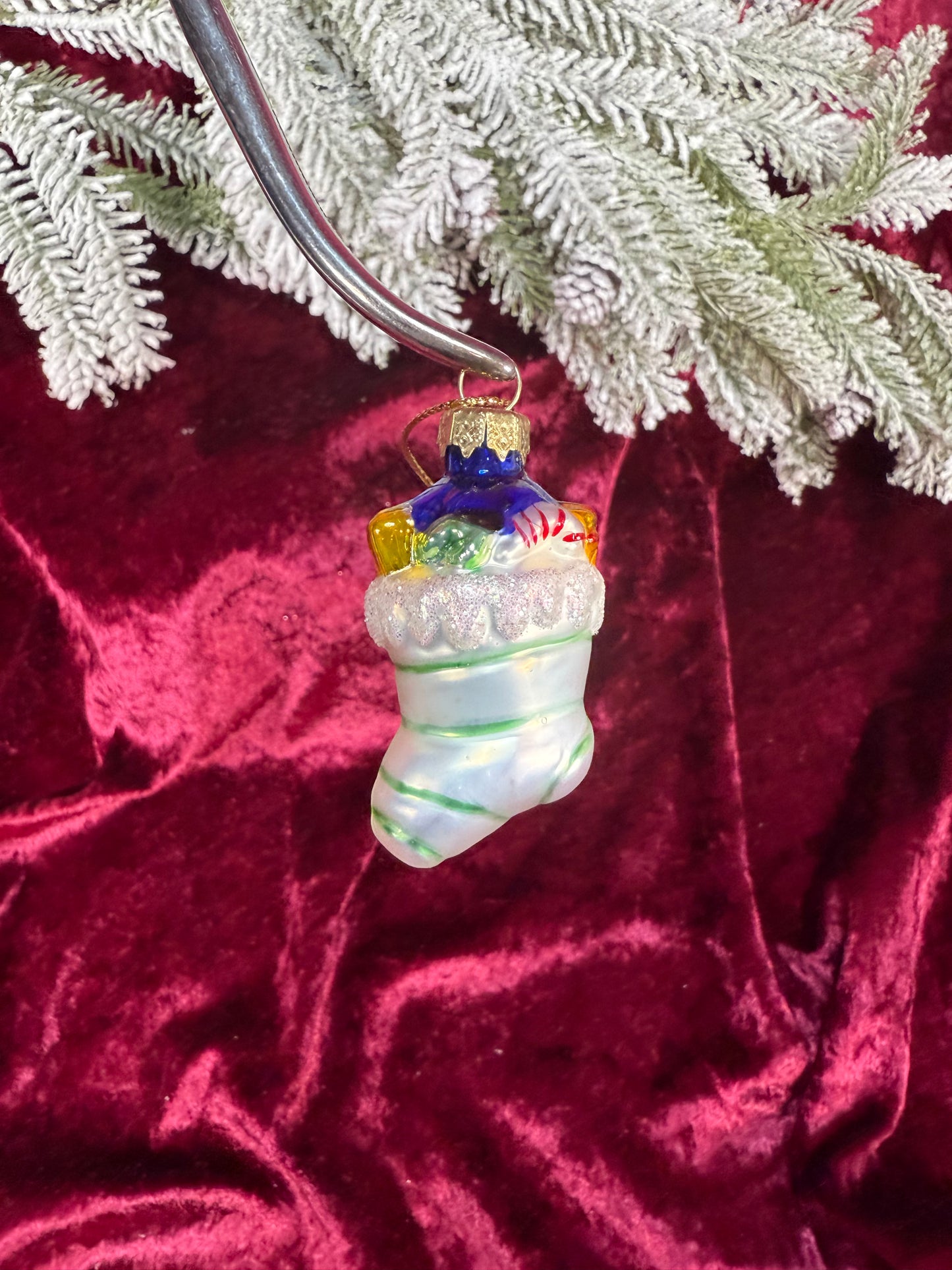 Vintage Christmas - Handblown Glass Ornament - Stuffed Striped Stocking