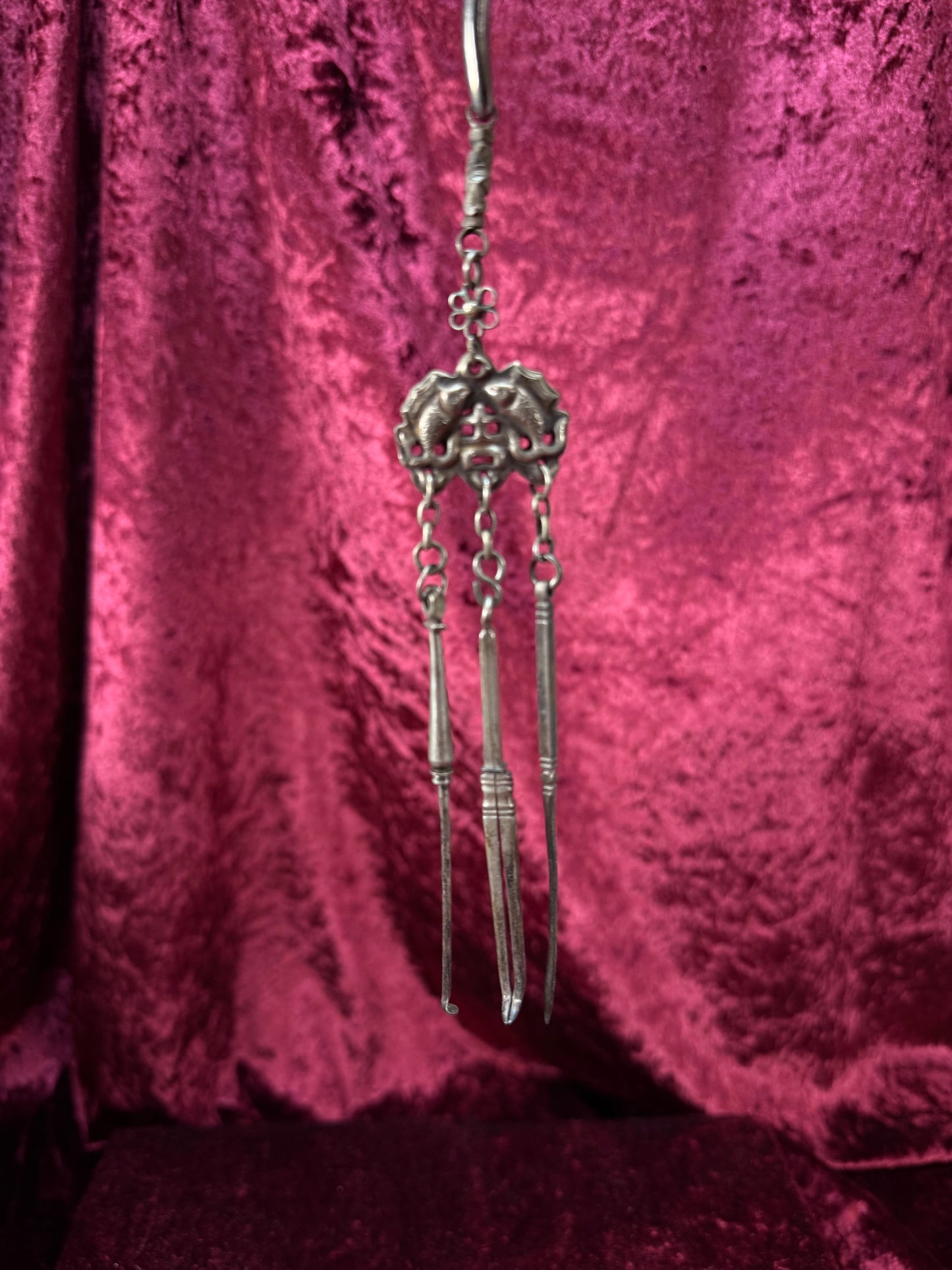 Antique Sterling Silver Opium Chatelaine – Twin Koi Fish and Monkey - Late Qing Dynasty