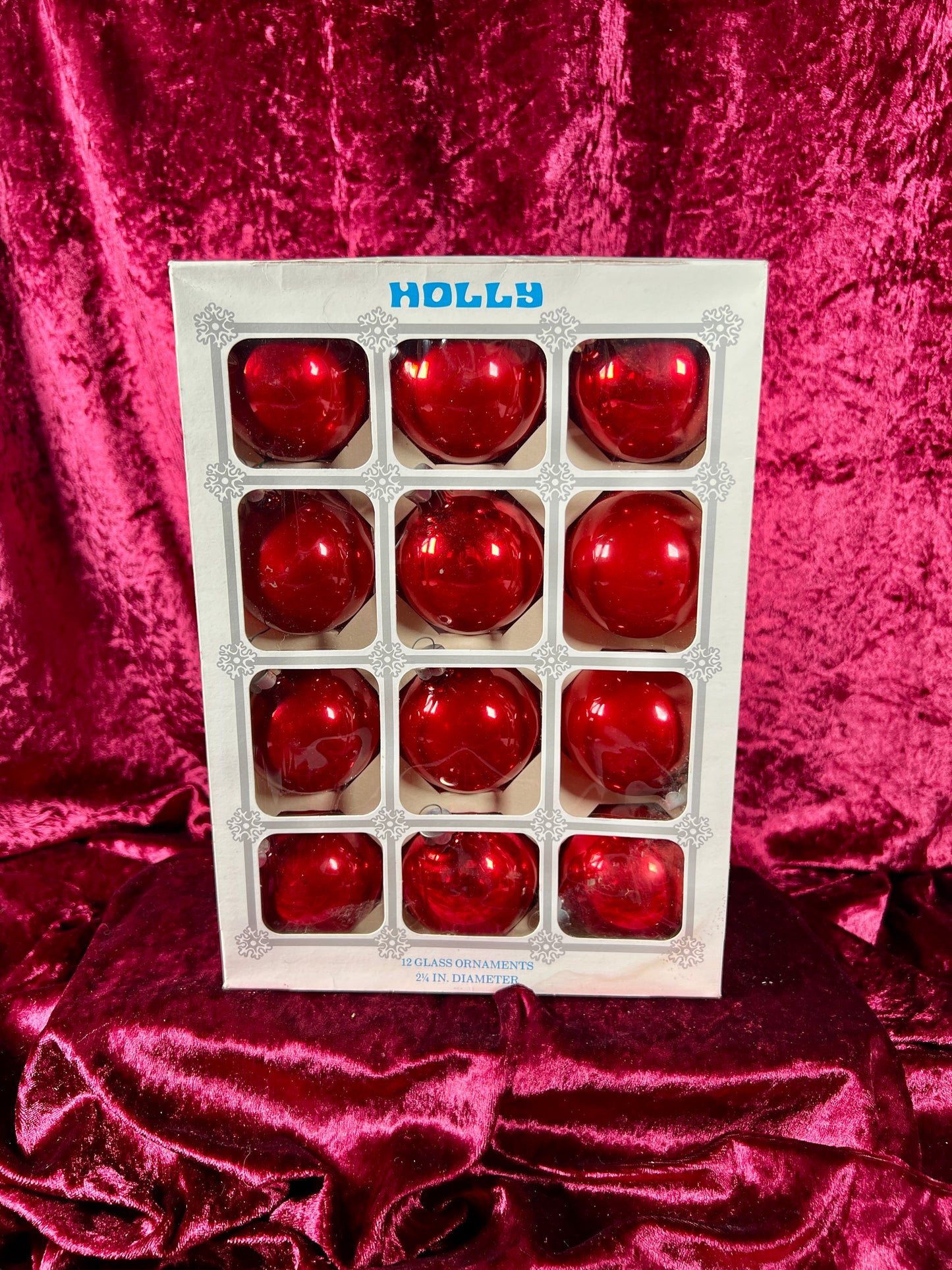 Vintage Christmas - Glass Ornament Set of 12 - Solid Red - Holly - Made In USA