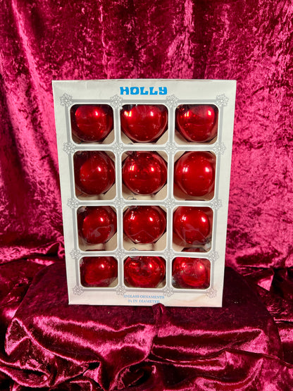 Vintage Christmas - Glass Ornament Set of 12 - Solid Red - Holly - Made In USA