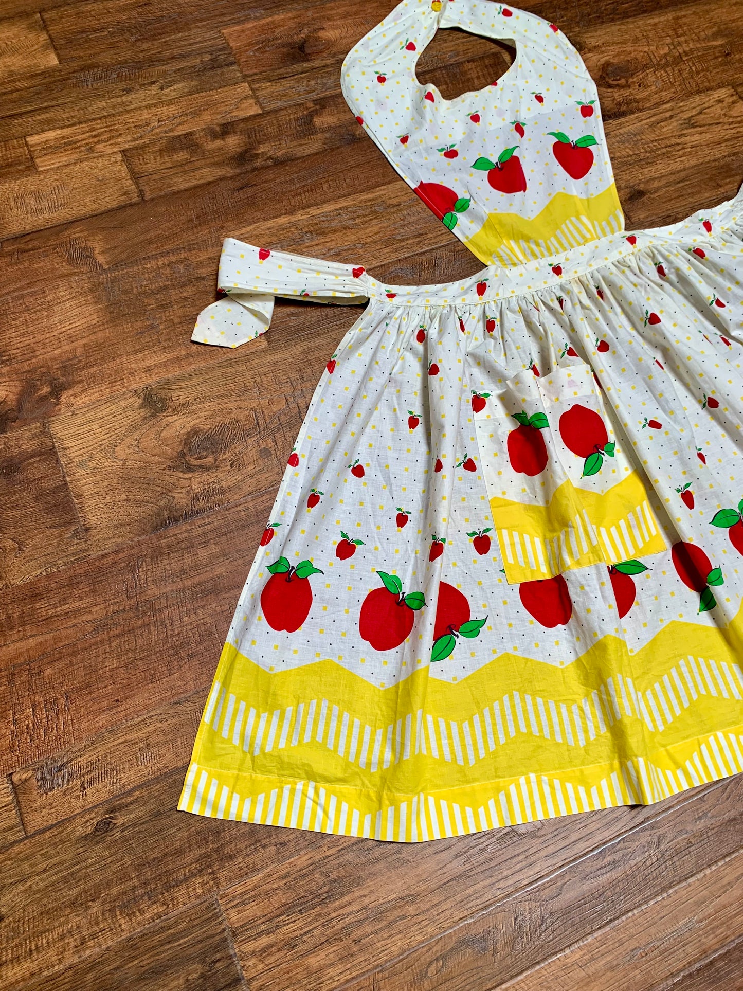 Vintage Pinafore Apron - White with Black Polka Dots Red Apples & Yellow Checkers