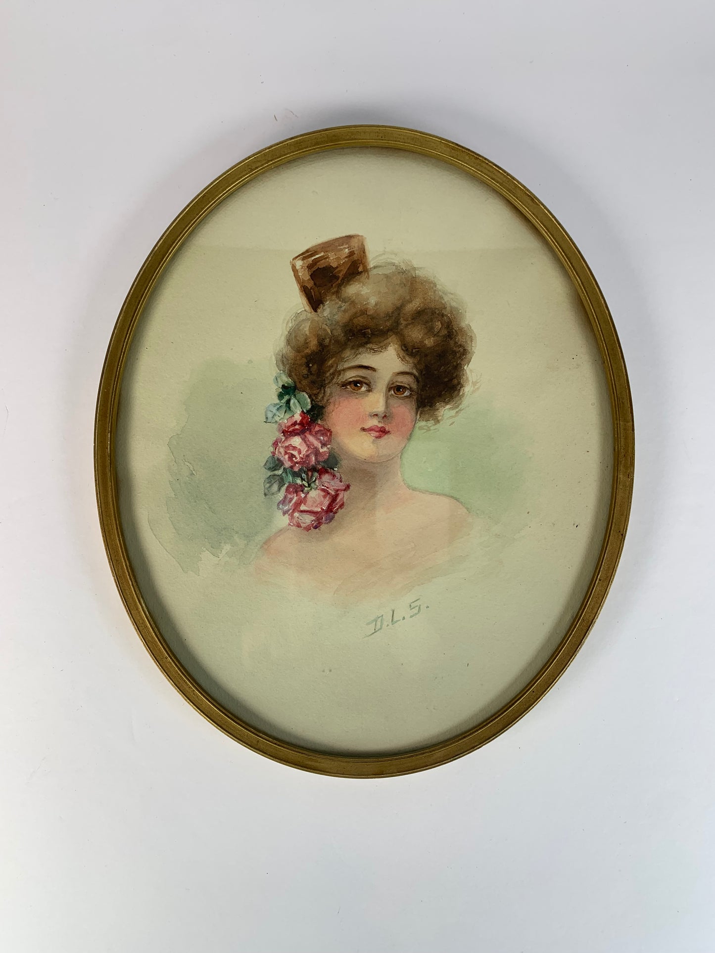 Antique Framed Watercolor - Edwardian Fisher Girl with Roses - Gold Oval Wood Frame