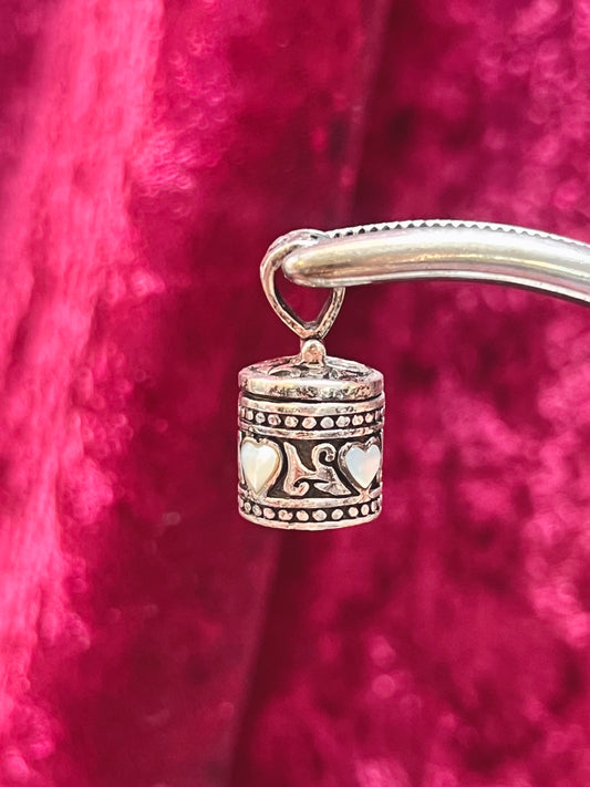 Vintage Jewelry - Pendant Pill Box / Locket - Inlaid Hearts - Ornate Filigree - 925 Sterling Silver