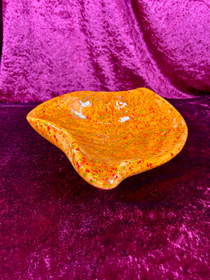 Vintage Ashtray - Sculptural Ceramic Drip Glaze - Bright Orange with Green Flecks - Large
