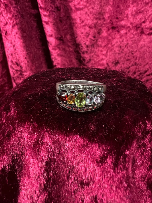 Vintage Sterling Silver Ring - Multi Gemstone Marcasite Band - Size 9.25