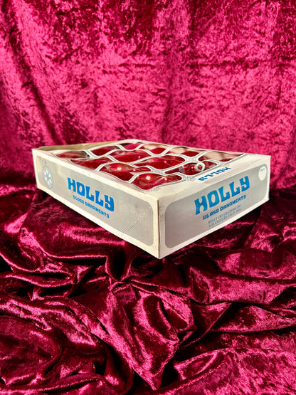 Vintage Christmas - Glass Ornament Set of 12 - Solid Red - Holly - Made In USA