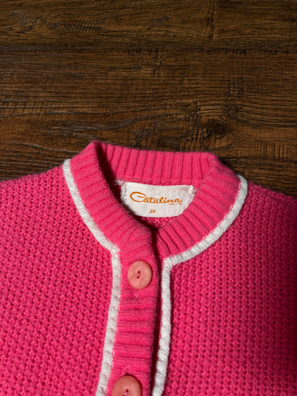 Vintage Catalina Knit Cardigan - Bubblegum Pink White Trim Button Front Sweater - Small