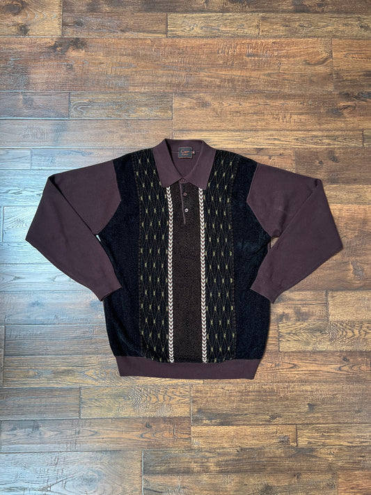Vintage Clothing - Long Sleeve Polo Shirt - Brown Velour - Cigar Couture - Medium