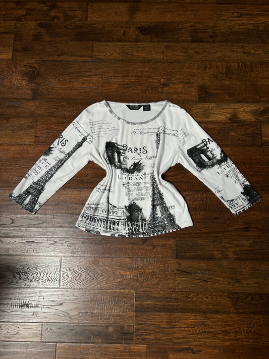 Vintage Take Two Cotton Graphic Top — Paris Eiffel Tower Sequin Print - Size Large