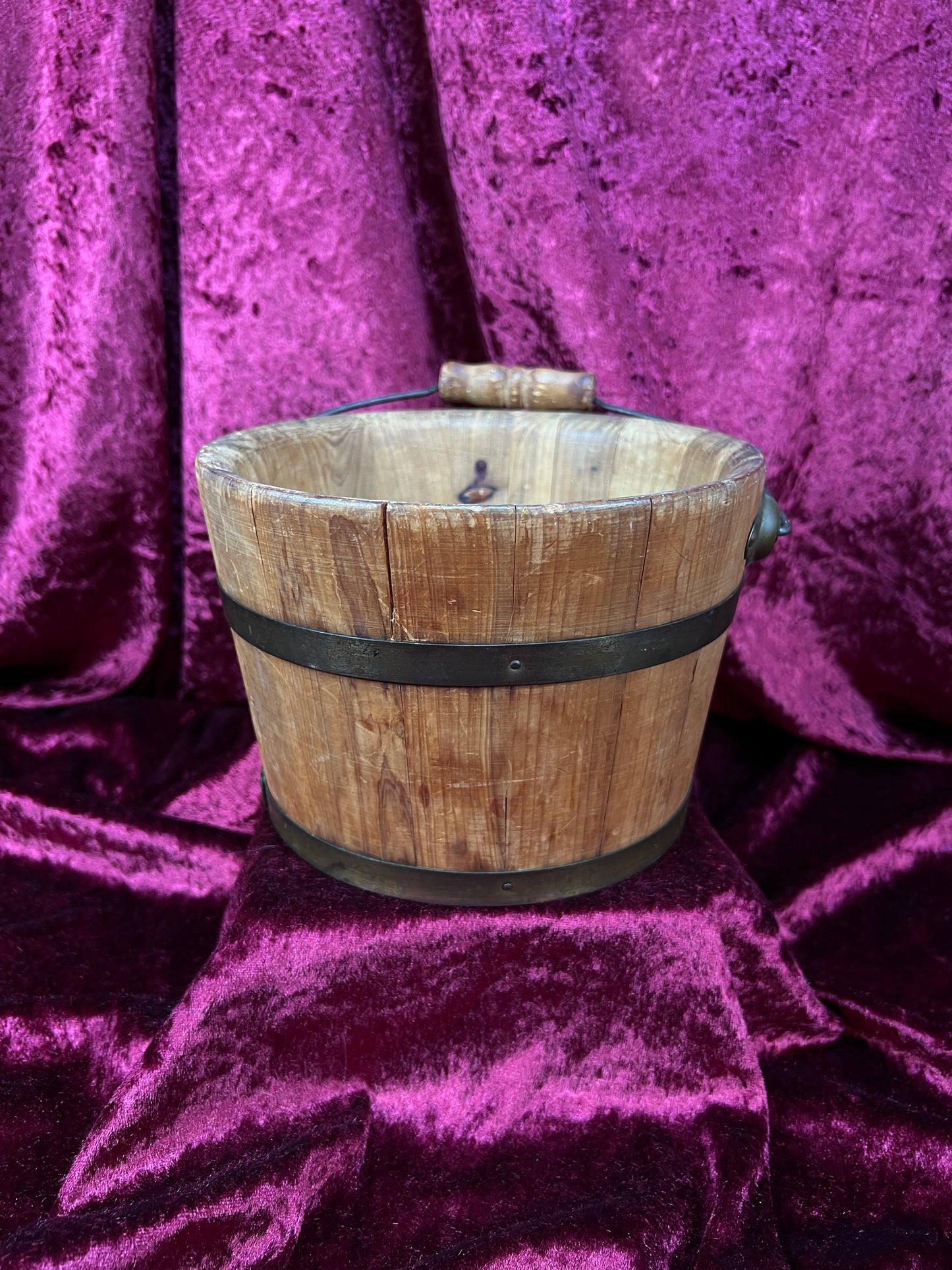 Antique Wood Bucket - Bentwood Stave Construction Iron Swing Handle