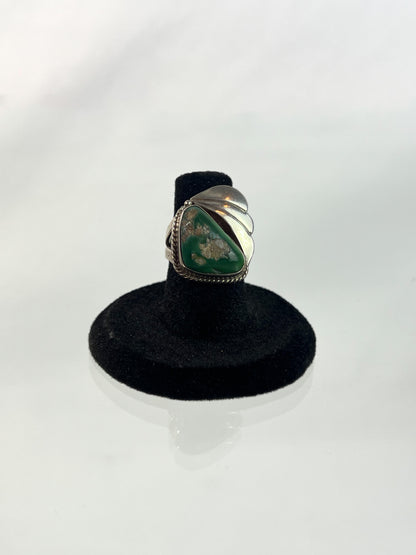 Vintage Jewelry - Silver Ring - Green Stone with Crystals - Size 6.25