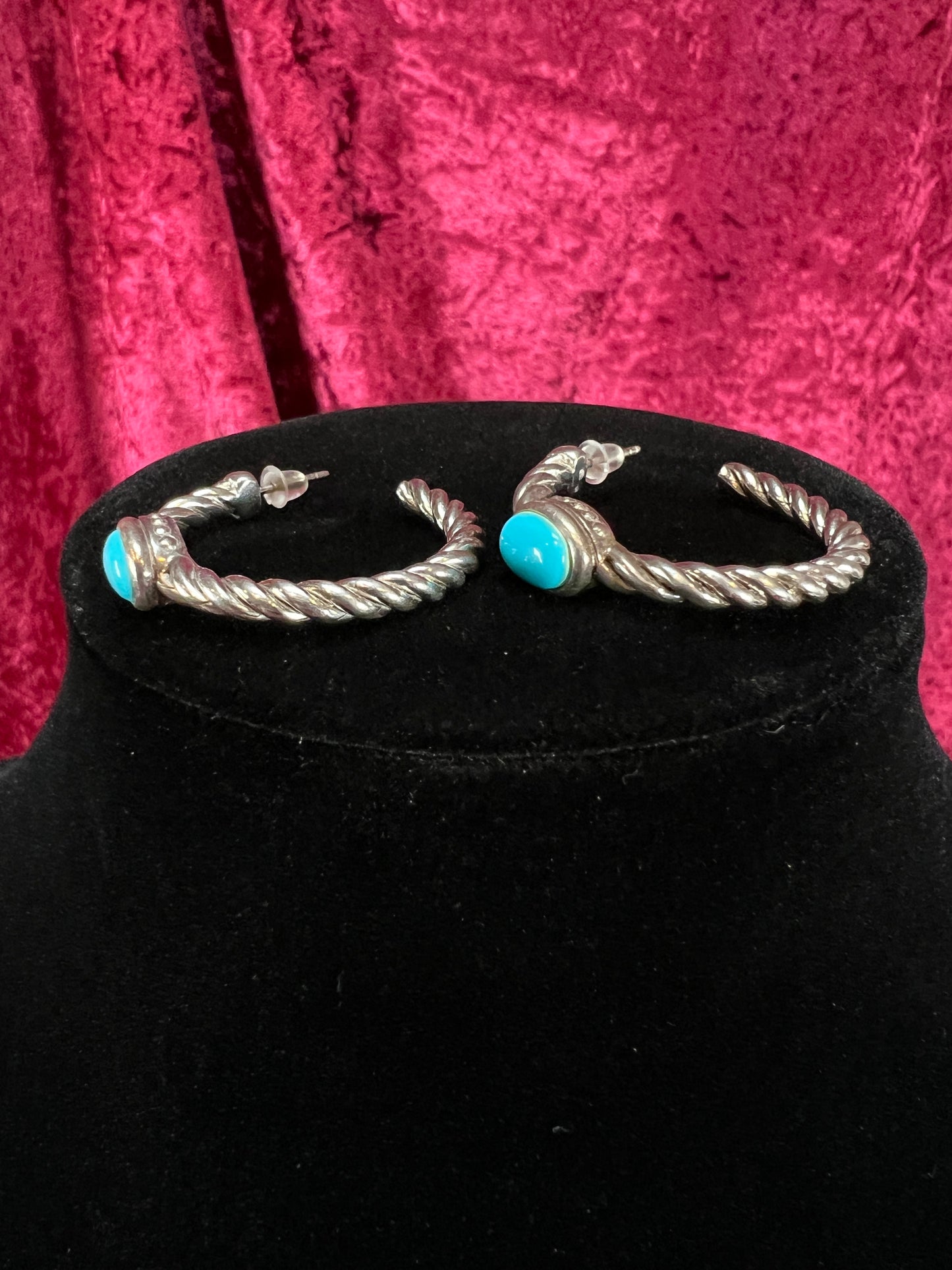Vintage Style Sterling Silver Twisted Hoop Earrings – Cinderella Turquoise Cabochon