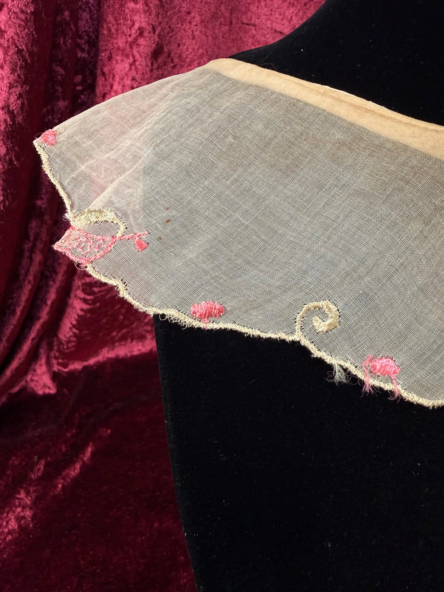 Vintage Sheer Lace Collar – Pink Embroidered Floral Pointed Overlay