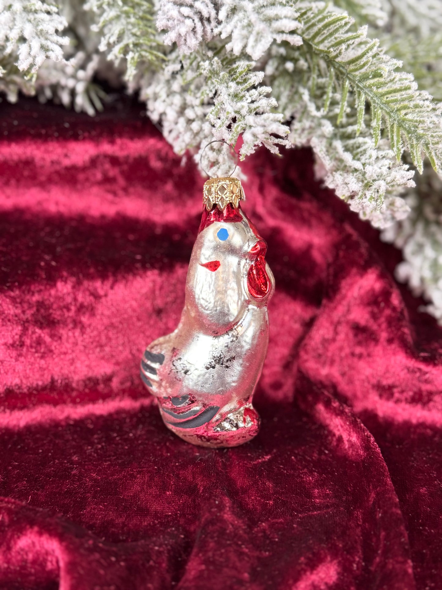 Vintage Christmas - Handblown Glass Ornament - Silver Rooster