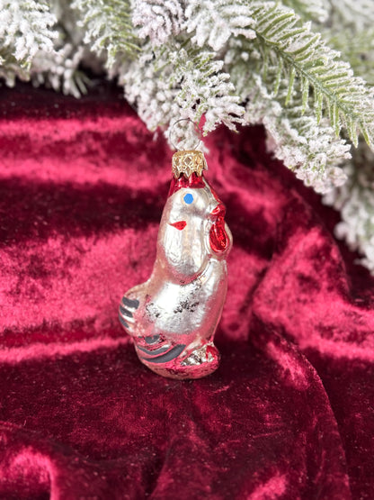 Vintage Christmas - Handblown Glass Ornament - Silver Rooster