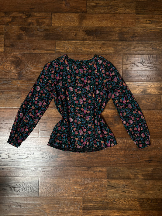 Vintage Schrader Sport Blouse - Black Jewel Tone Florals and Exotic Birds Print - Size Medium