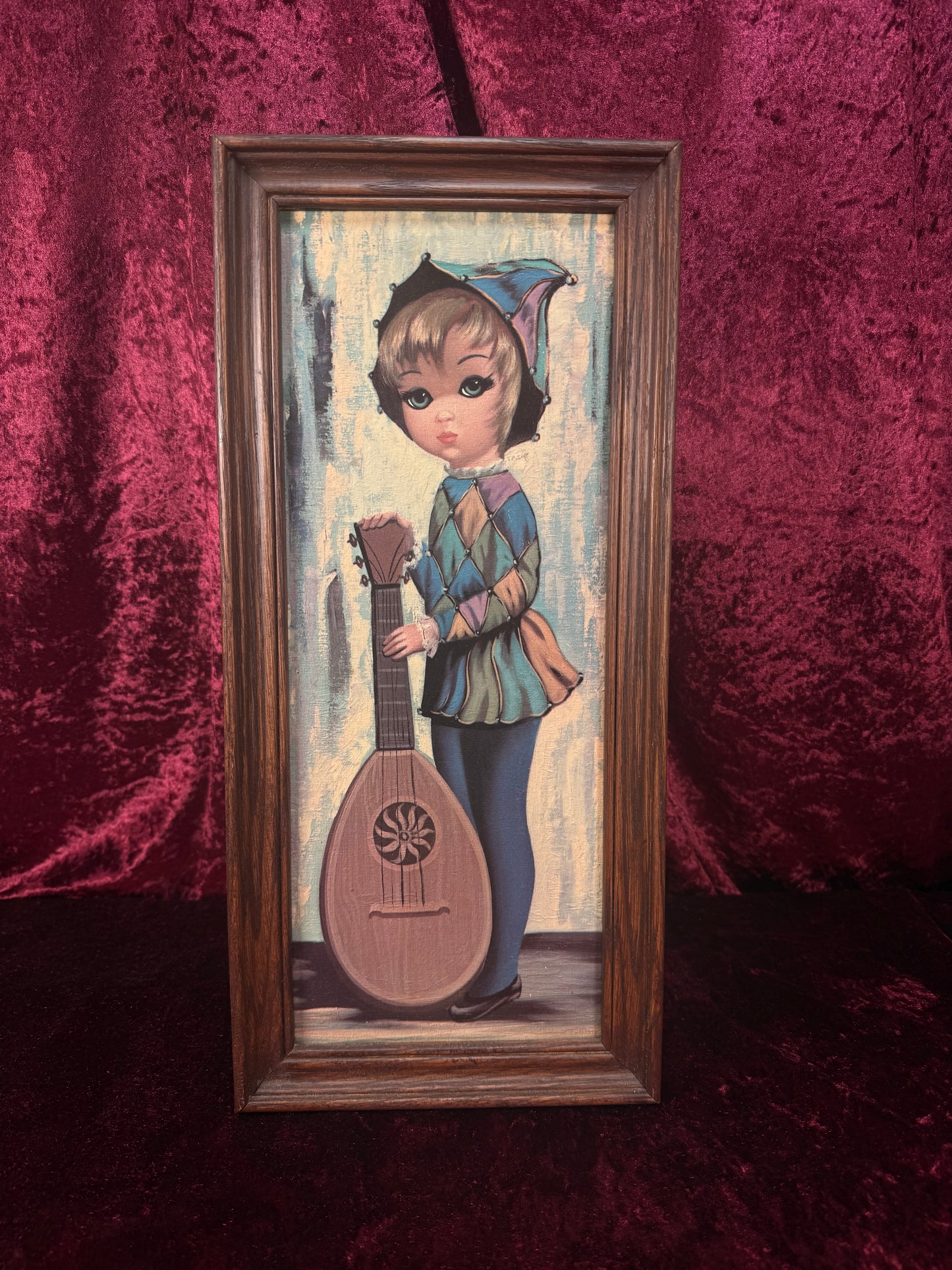 Vintage Mid Century Framed Wall Art – Big Eyes Lyre Harlequin Girl Portrait - Moppet by Jean Maio