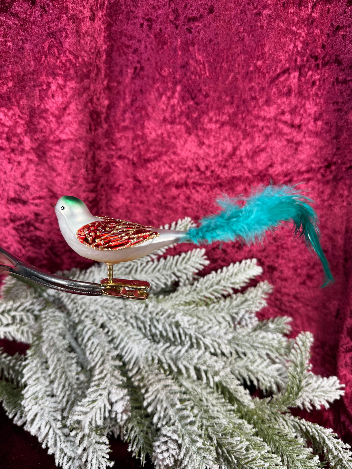 Vintage Christmas - Glass Clip-On Ornament - Sparrow Bird with Blue Feather Tail - QVC