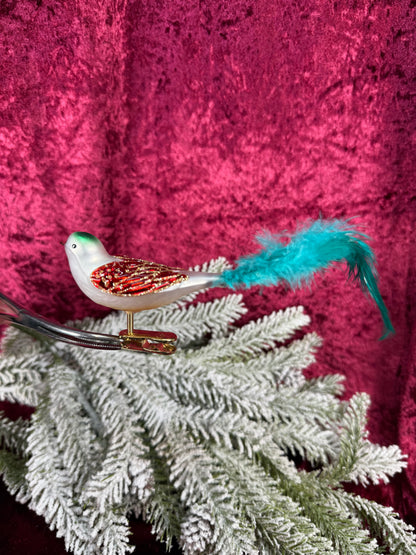 Vintage Christmas - Glass Clip-On Ornament - Sparrow Bird with Blue Feather Tail - QVC
