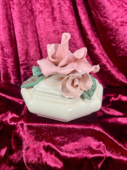 Vintage Trinket Dish - Ceramic - Giant Pink Rose - Chipped