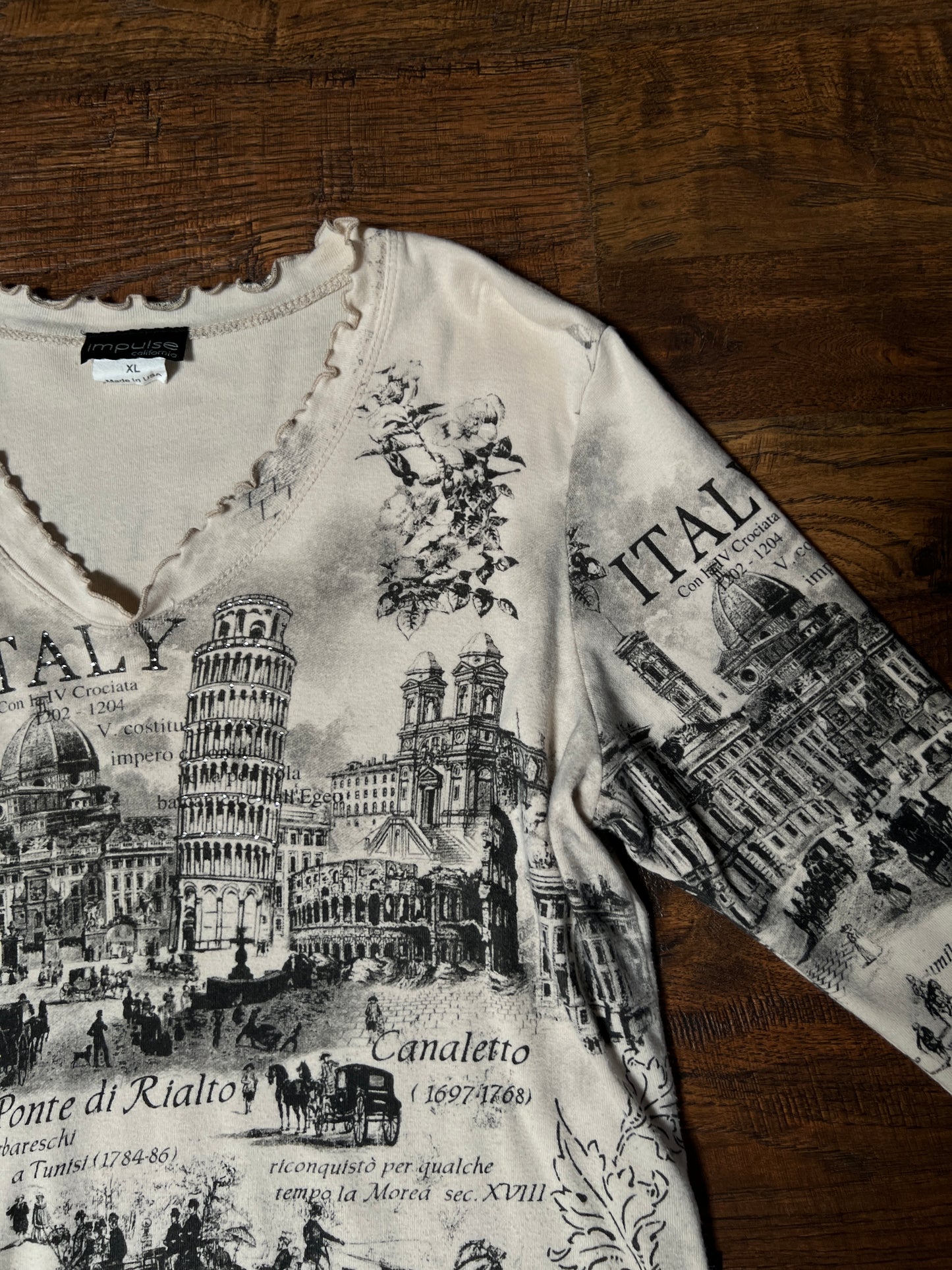 Vintage Impulse California Cotton Graphic Top — Scenic Italy Print Lettuce Hem - X-Large