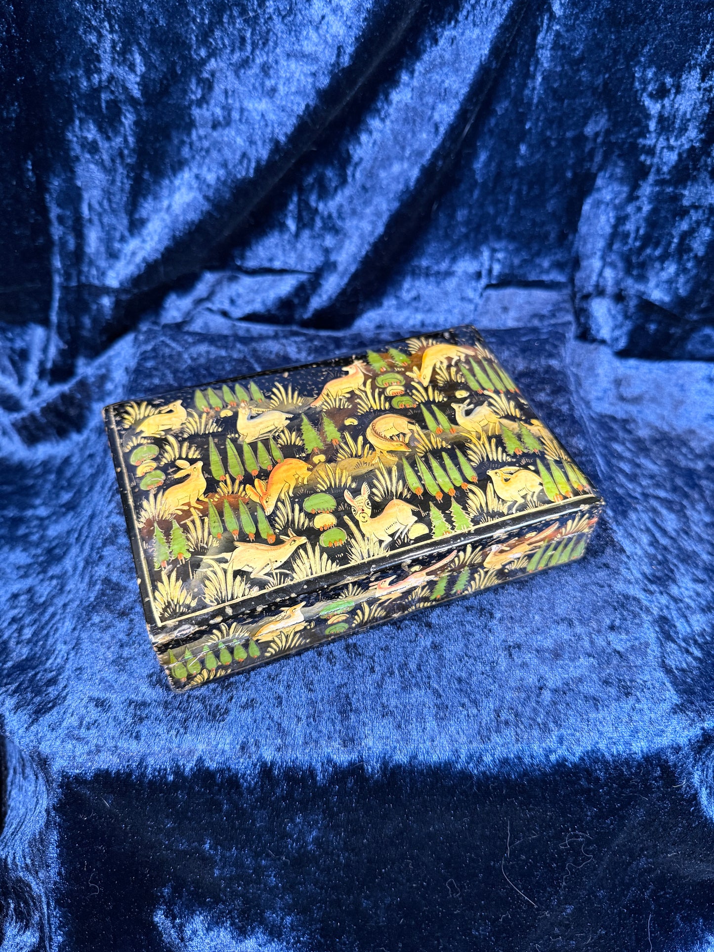Vintage Papier-Mâché Trinket Box - Hand-Painted Kashmiri Woodland Animals
