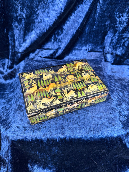 Vintage Papier-Mâché Trinket Box - Hand-Painted Kashmiri Woodland Animals
