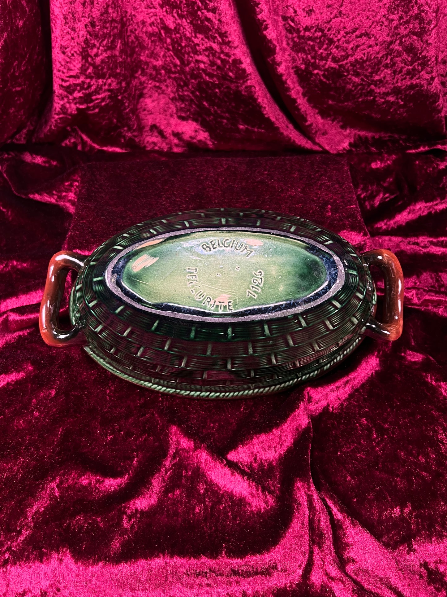 Vintage Ceramic Covered Casserole Dish - Majolica Mushroom Lid Basketweave Belgium Tellurite